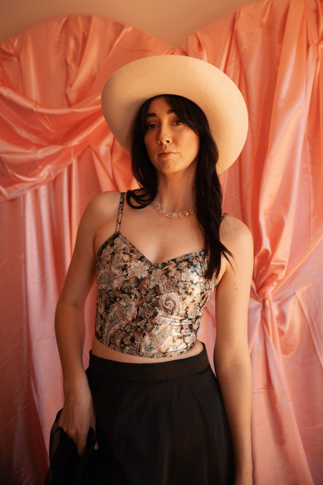 model wearing vintage faceted clear crystal necklace 