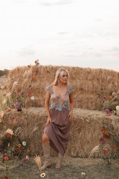 Vintage Dusty Blue & Brown Prairie Slip Dress – Size 10