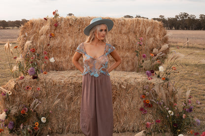 Vintage Dusty Blue & Brown Prairie Slip Dress – Size 10