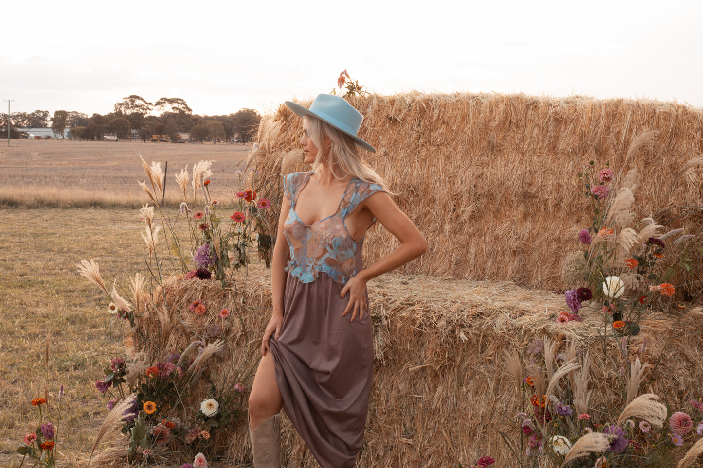 Vintage Dusty Blue & Brown Prairie Slip Dress – Size 10