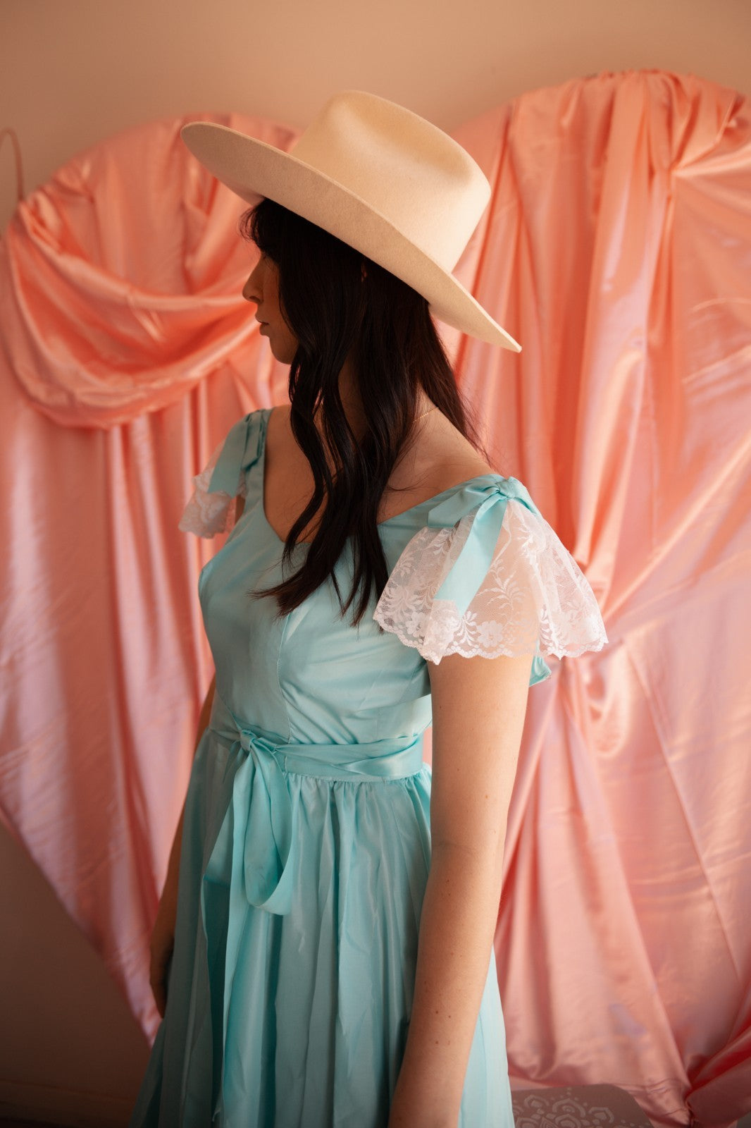 Vintage Aqua Satin Lace Prairie Dress – Size 8