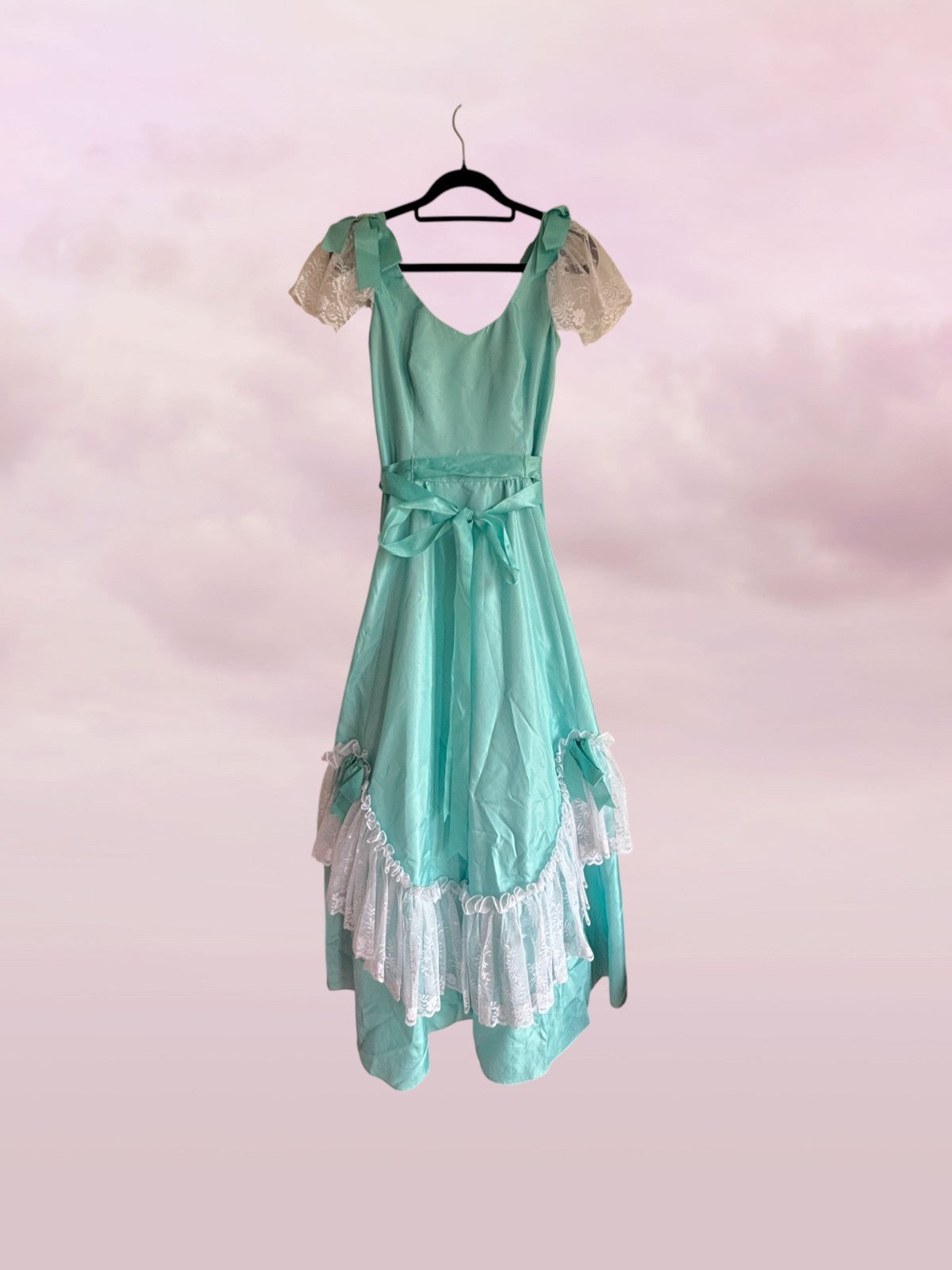 Vintage Aqua Satin Lace Prairie Dress – Size 8