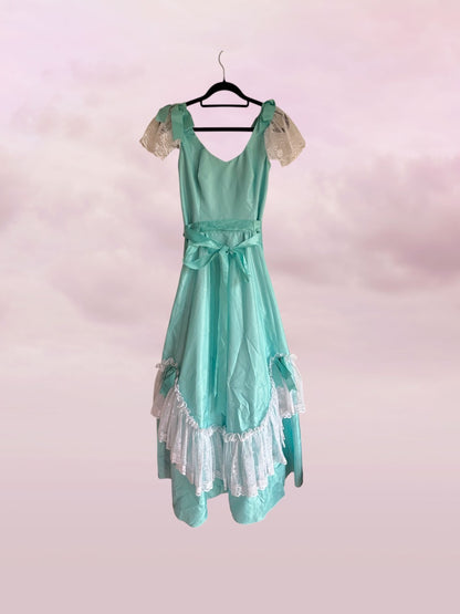 Vintage Aqua Satin Lace Prairie Dress – Size 8