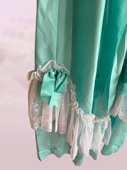 Vintage Aqua Satin Lace Prairie Dress – Size 8
