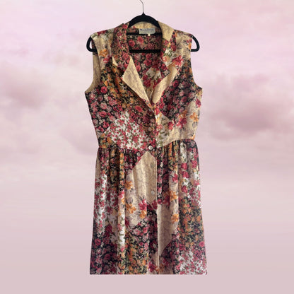 Floral patterned dress on a hanger against a pink background