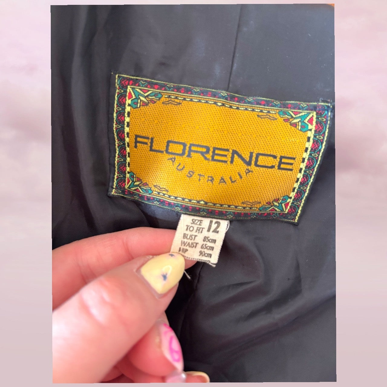 Yellow label with 'FLORENCE Australia' on a dark fabric background