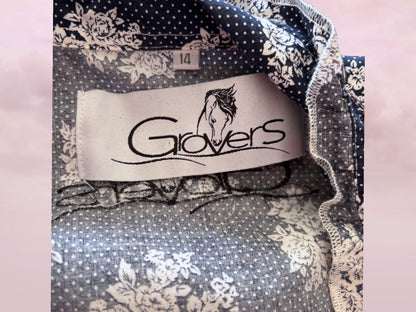 Grovers Floral Ruffle Blouse – Navy & White Cotton Prairie Shirt - Size 14