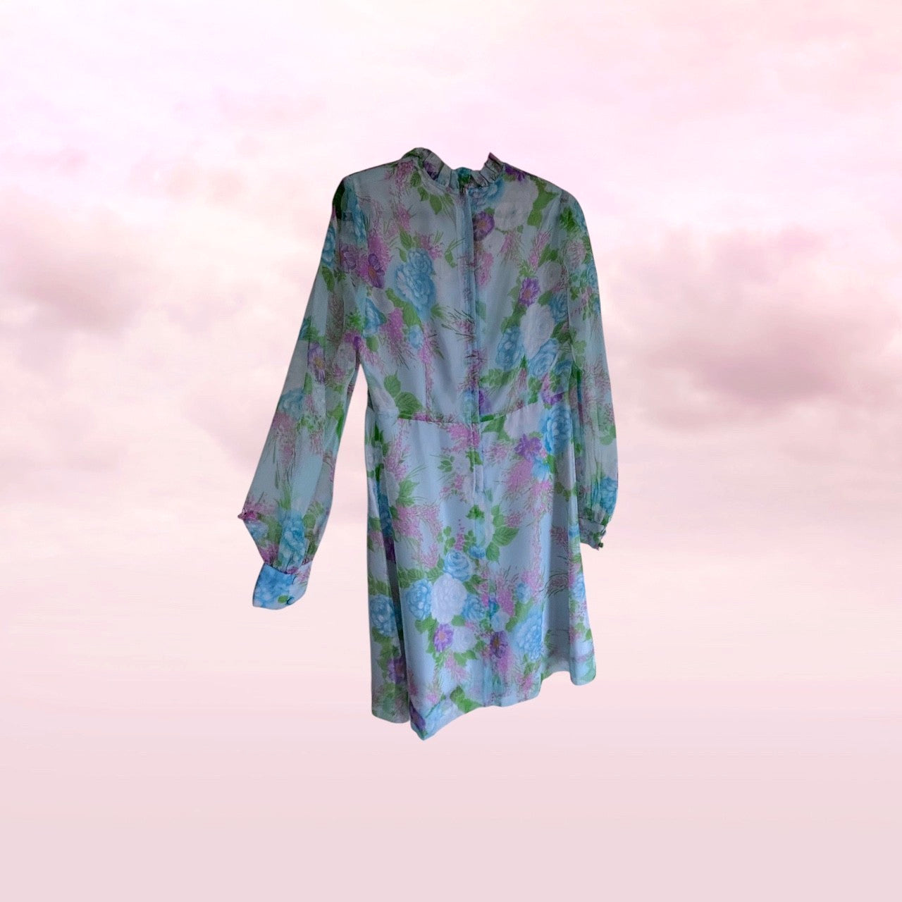 Vintage 1960s blue Floral Chiffon Dress & Matching Duster Set AU 10-12