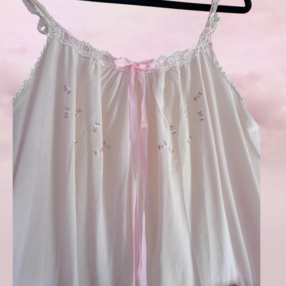 Romantic Vintage Slip with Hand-Embroidered Roses - S/M