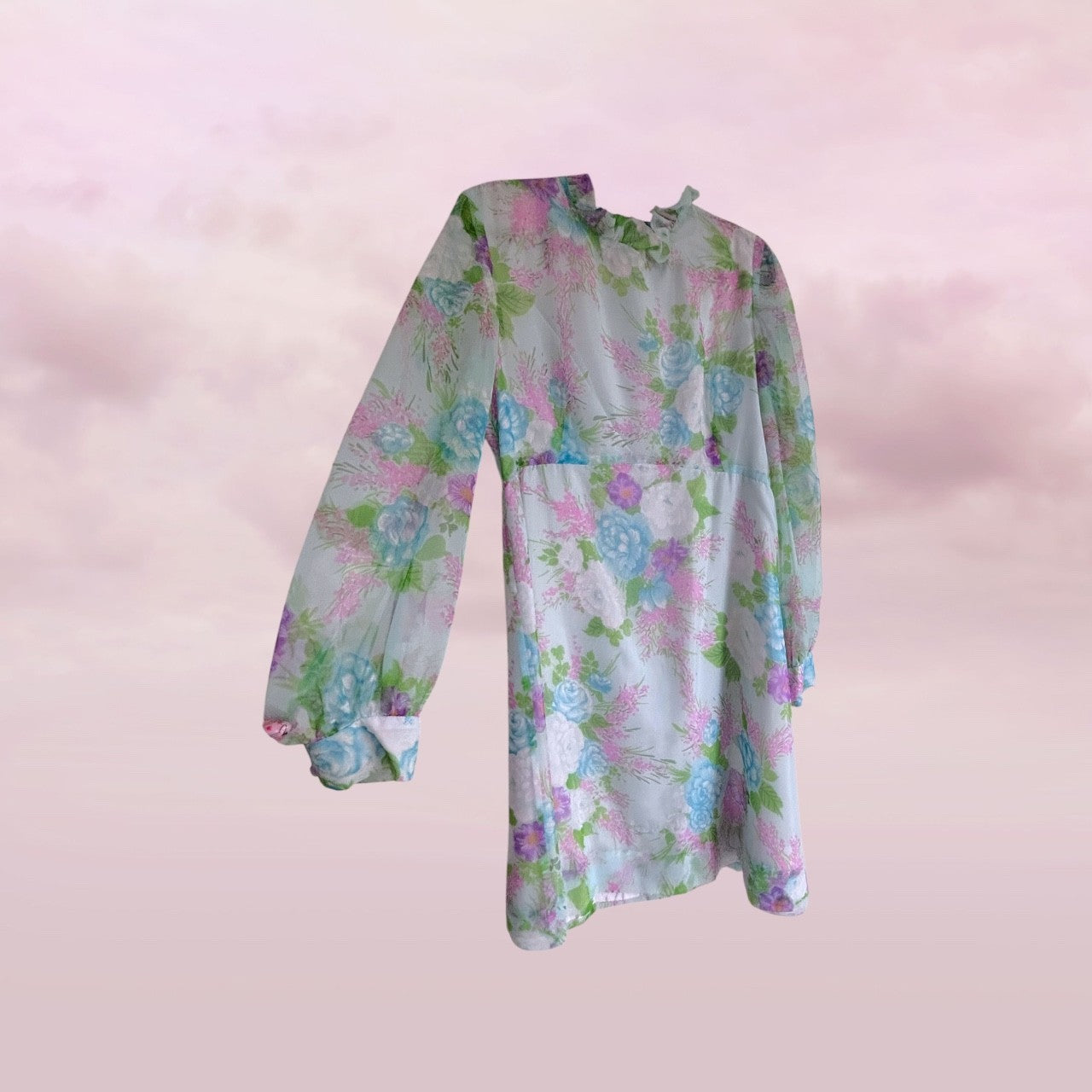 Vintage 1960s blue Floral Chiffon Dress & Matching Duster Set AU 10-12