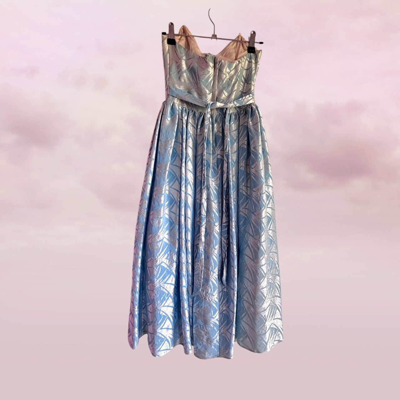 Vintage Silver Blue Party Dress Strapless Bow - AU 6 XS