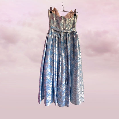 Vintage Silver Blue Party Dress Strapless Bow - AU 6 XS