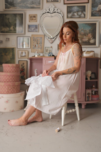 Romantic Vintage Slip with Hand-Embroidered Roses - S/M