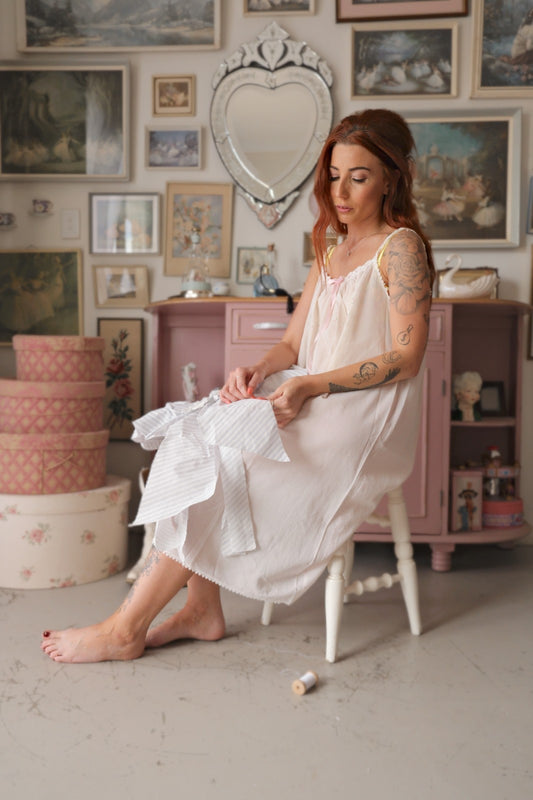 Romantic Vintage Slip with Hand-Embroidered Roses - S/M