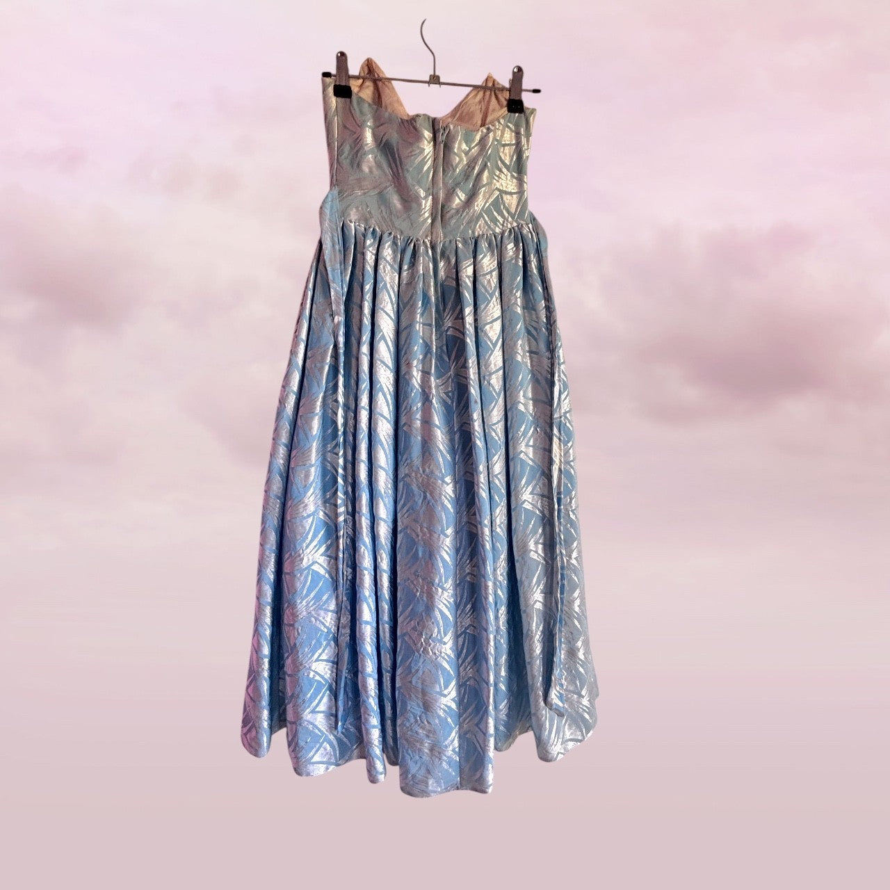 Vintage Silver Blue Party Dress Strapless Bow - AU 6 XS