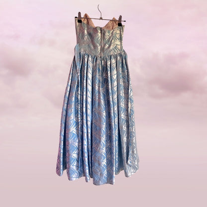 Vintage Silver Blue Party Dress Strapless Bow - AU 6 XS