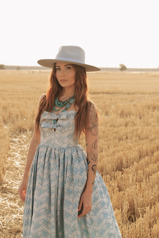 Vintage Silver Blue Party Dress Strapless Bow - AU 6 XS