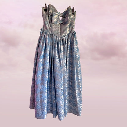 Vintage Silver Blue Party Dress Strapless Bow - AU 6 XS