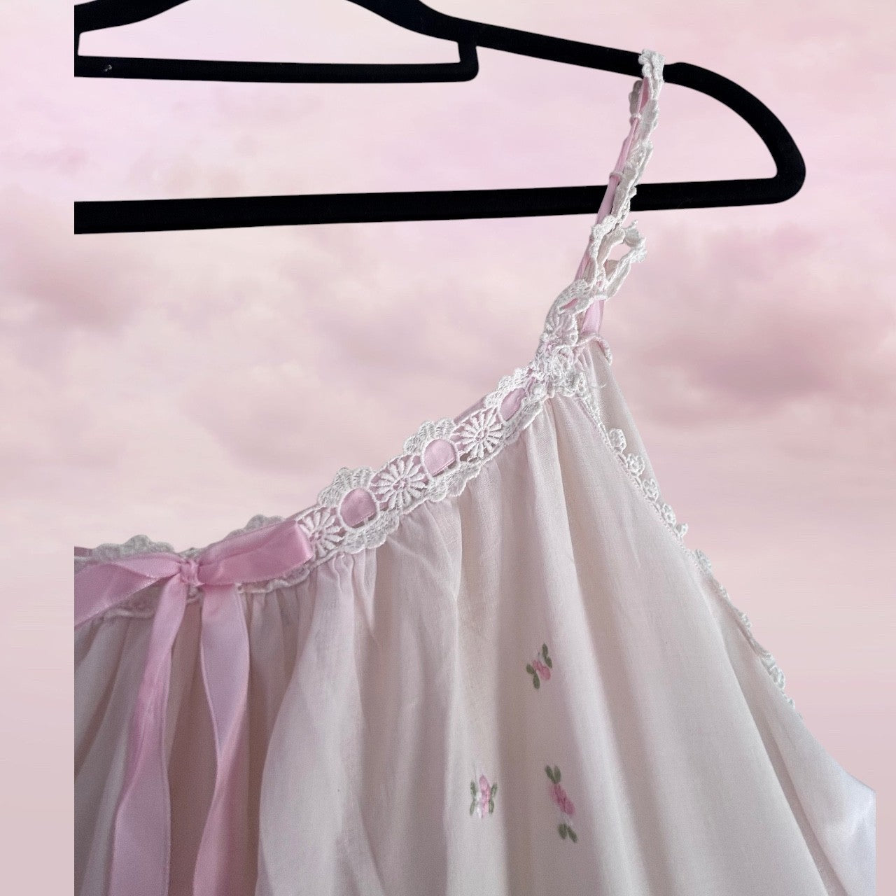 Romantic Vintage Slip with Hand-Embroidered Roses - S/M
