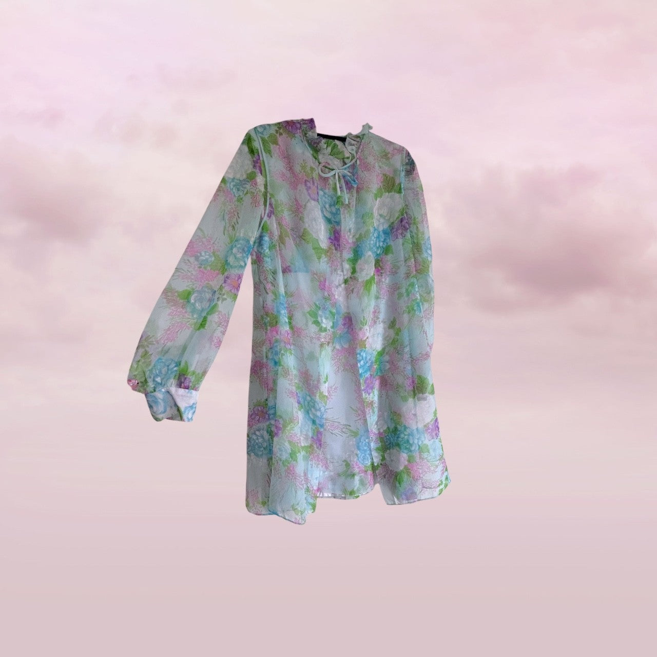 Vintage 1960s blue Floral Chiffon Dress & Matching Duster Set AU 10-12