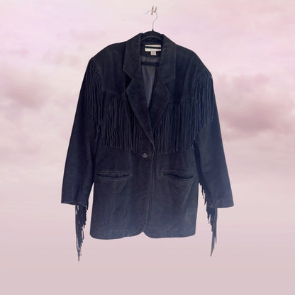 Vintage Fringe Leather Jacket – Western Noir - Size XL