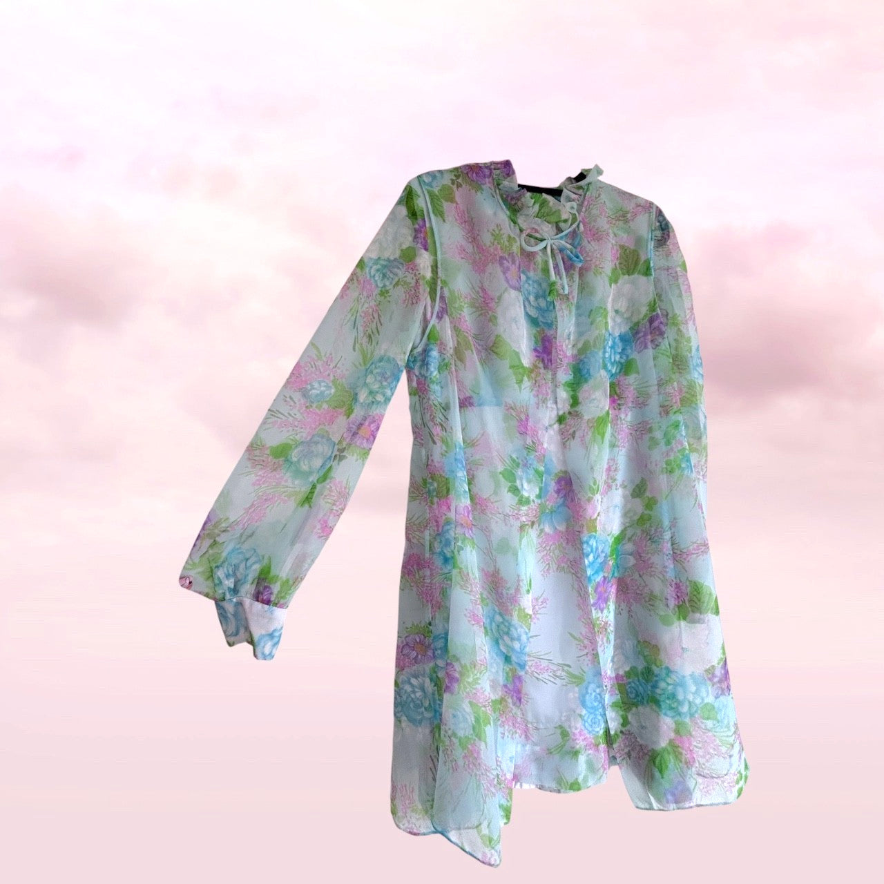 Vintage 1960s blue Floral Chiffon Dress & Matching Duster Set AU 10-12