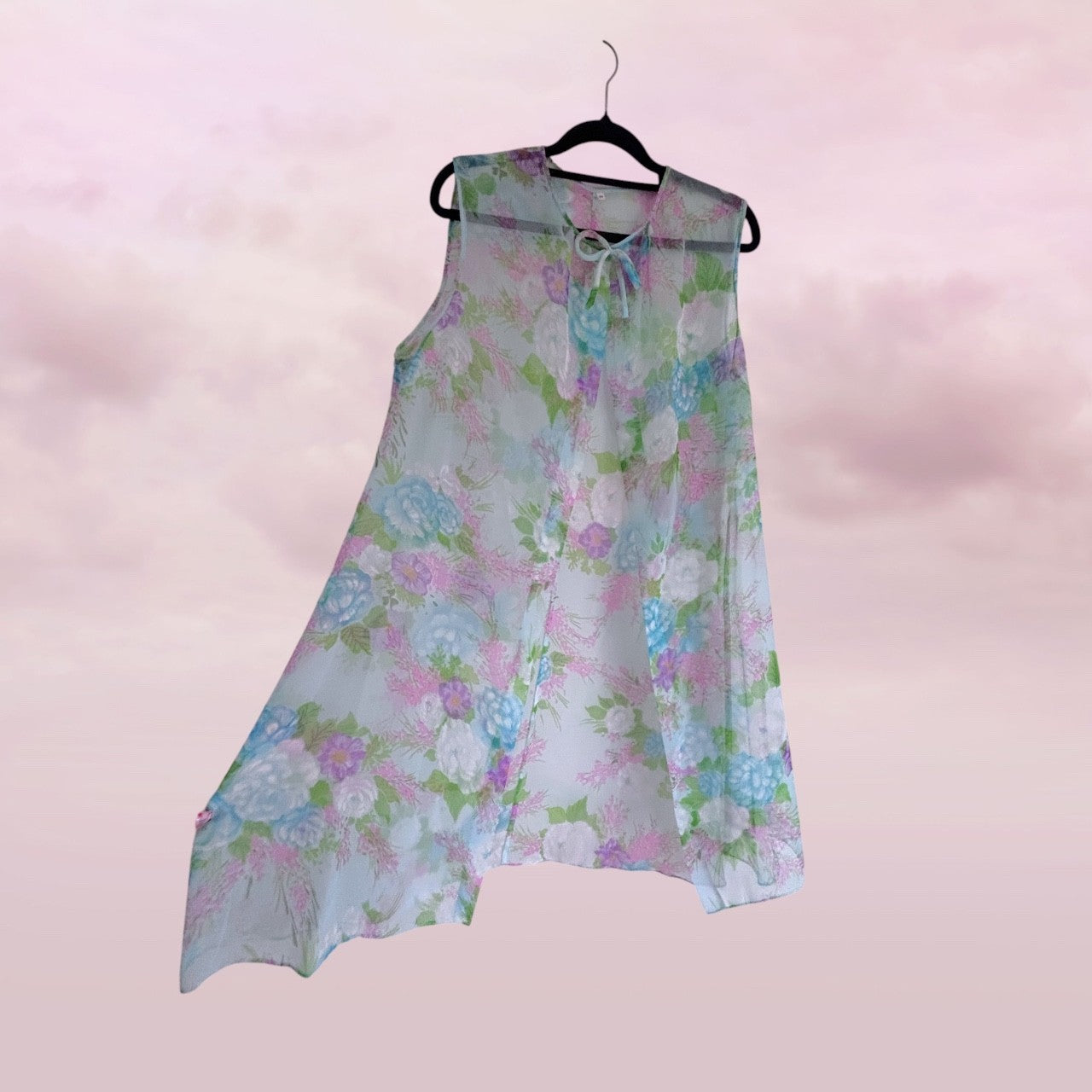 Vintage 1960s blue Floral Chiffon Dress & Matching Duster Set AU 10-12