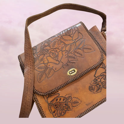Vintage 1970s Tooled Leather Bag – Handcrafted Roses