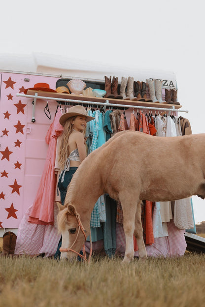 Woman standing next to a horse in front of a clothing rack with various items.