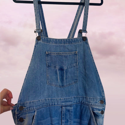 Zara preloved Blue distressed denim overalls on a hanger  close up of top half against a light pink background